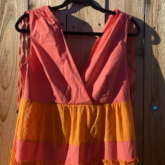 Take 50% OFF- LDT Women’s V-neck Maxi Orange and Pink Color Block Dress, Size-8 - Picture 11 of 13
